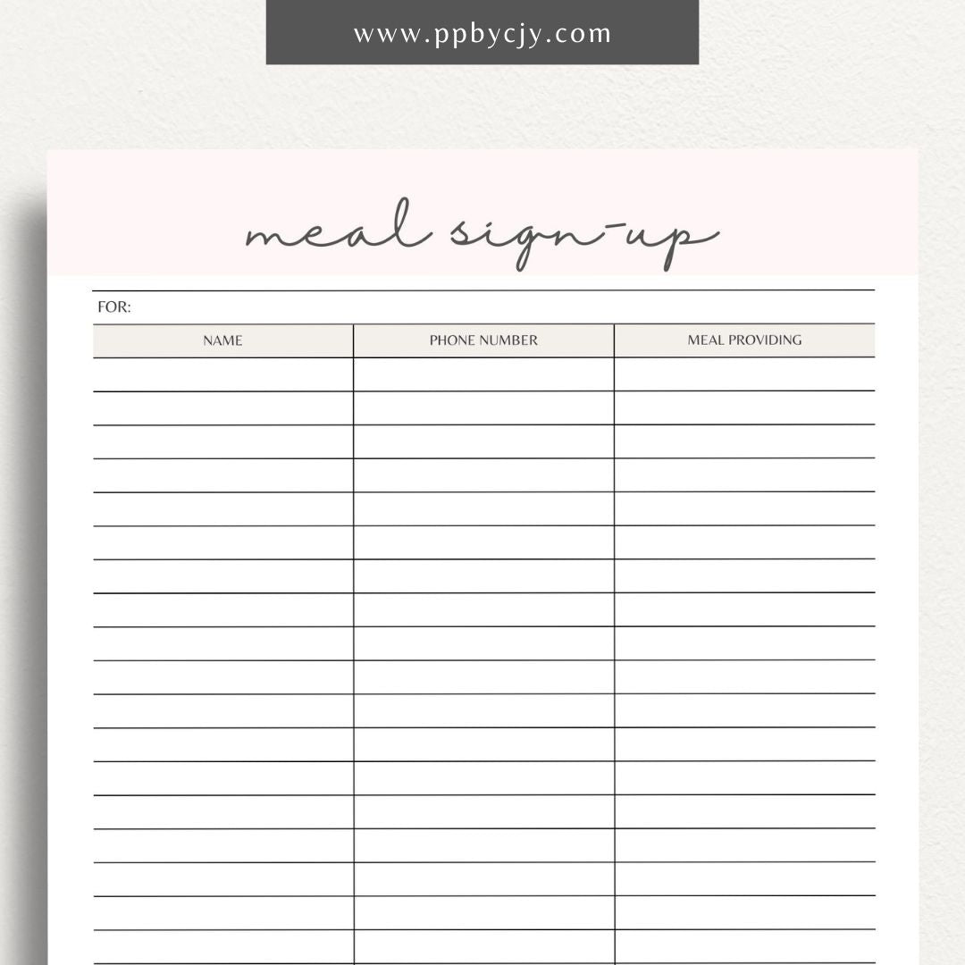 Meal Train Sign-Up Printable Template – Digital download for organizing and coordinating meal deliveries for someone in need.