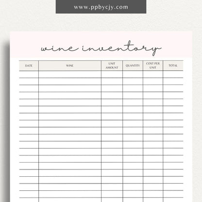 Wine Inventory Printable Template – Digital download for cataloging and managing your wine collection, including details like wine type, vintage, quantity, and storage location