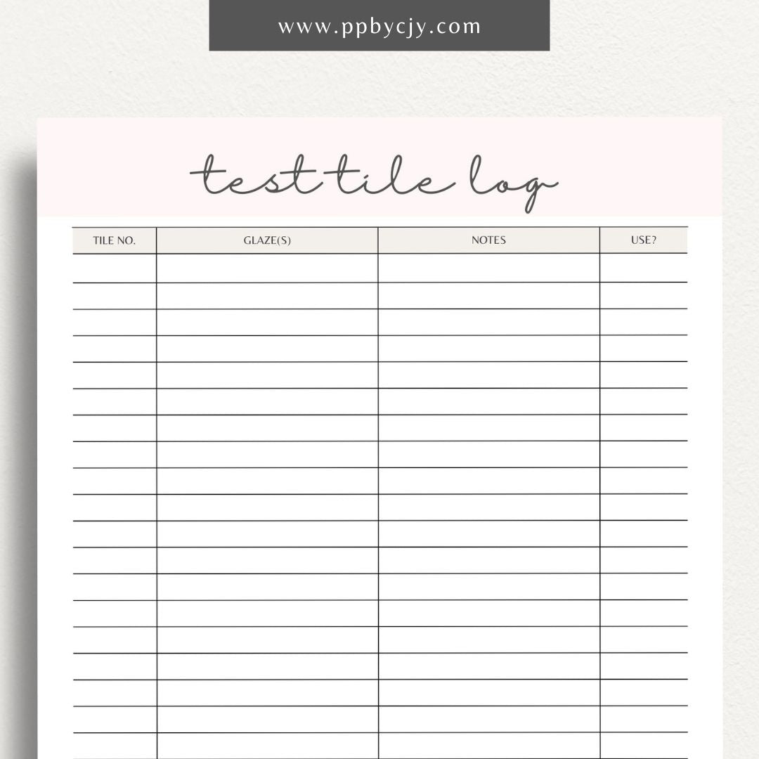 Pottery Test Tile Log Printable Template – Digital download for documenting and tracking ceramic glaze tests, including glaze types, temperatures, and observations