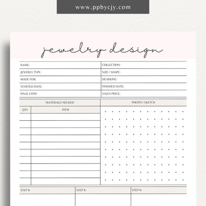 Jewelry Design Plan Printable Template – Digital download for organizing and planning jewelry designs with sections for sketches, materials, and measurements