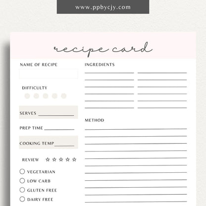 Recipe Card Printable Template – Digital download for organizing and documenting your favorite recipes and cooking instructions