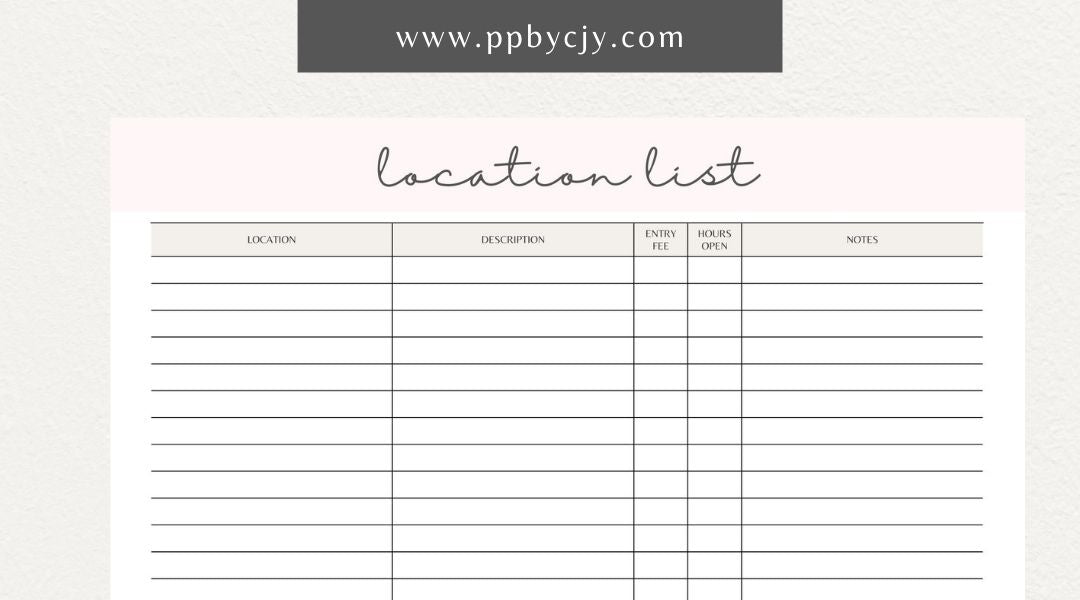 Photography Location List Printable Template – Digital download for organizing and tracking photography spots, photoshoot planning, and location details