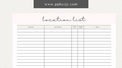 Photography Location List Printable Template – Digital download for organizing and tracking photography spots, photoshoot planning, and location details