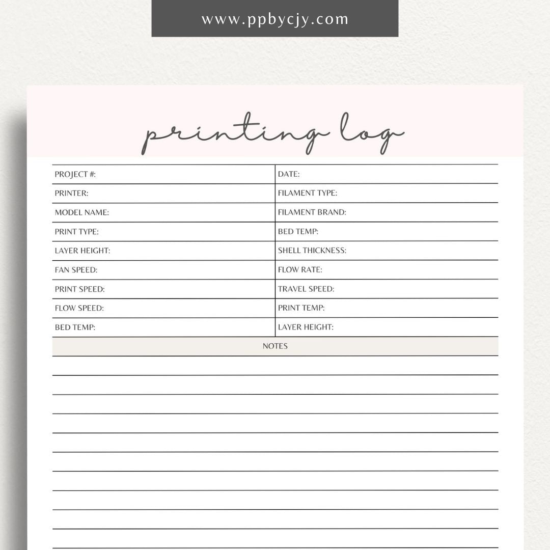 3D Printing Log Printable Template – Digital download for tracking and organizing 3D print jobs, settings, and project details