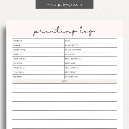 3D Printing Log Printable Template – Digital download for tracking and organizing 3D print jobs, settings, and project details