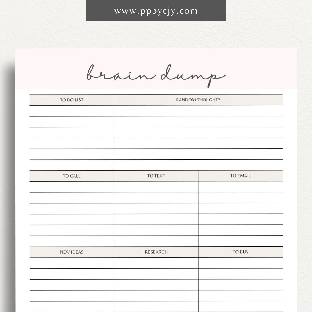 Brain Dump Printable Template – Digital download for decluttering the mind and organizing thoughts and ideas.