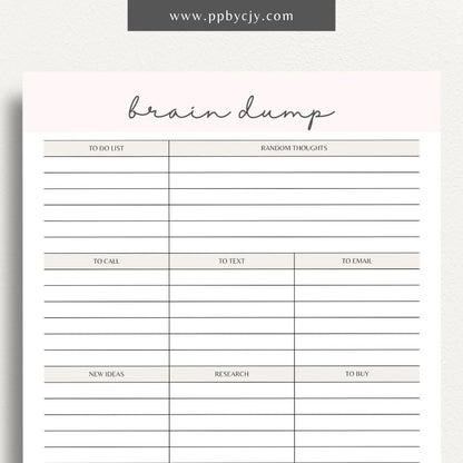 Brain Dump Printable Template – Digital download for decluttering the mind and organizing thoughts and ideas.