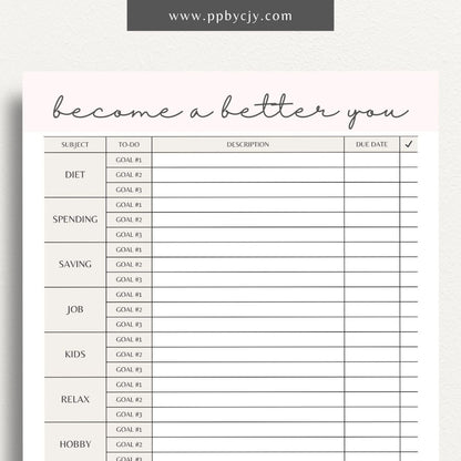 Become a Better You Worksheet Printable Template – Digital download for personal development and self-improvement tracking.