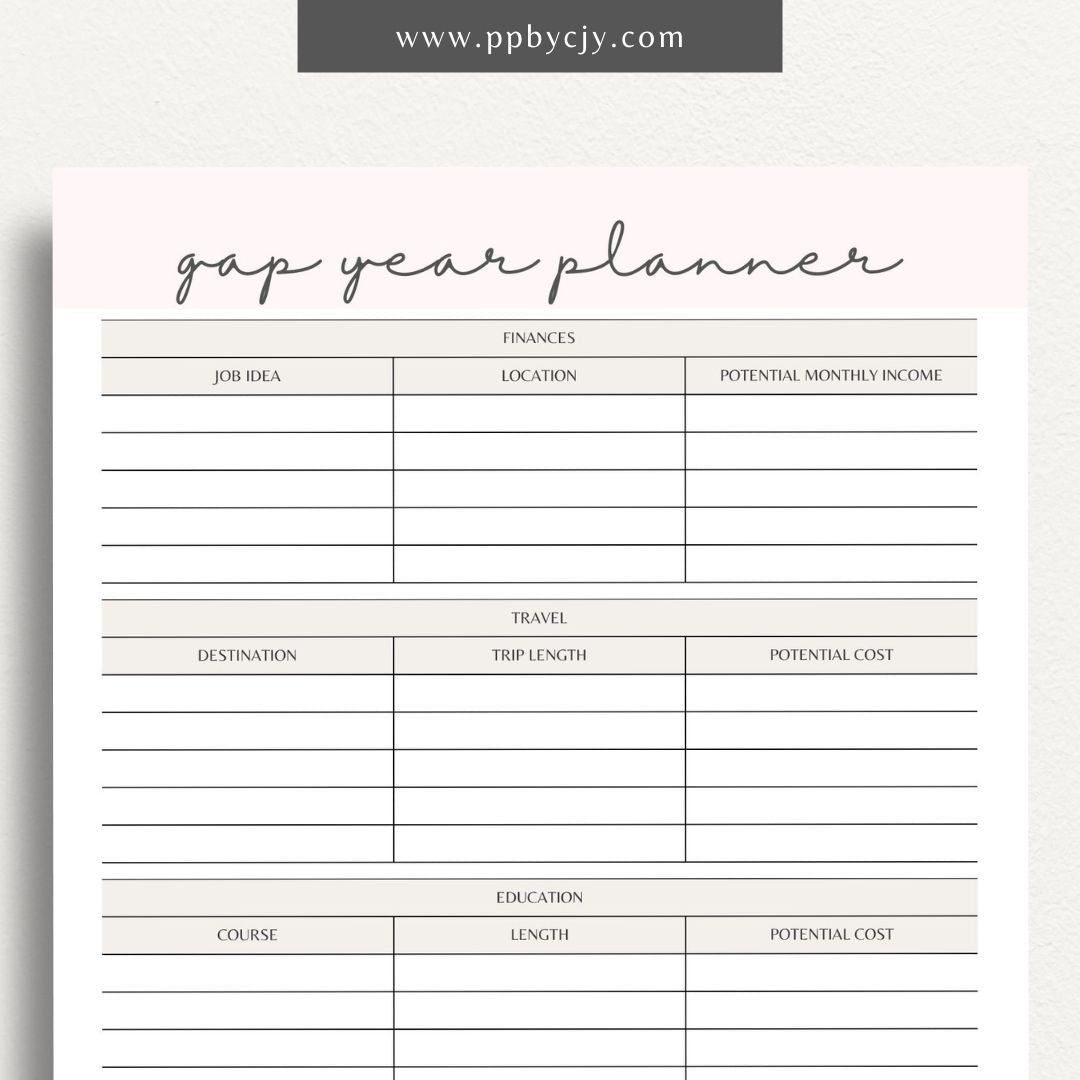 Gap Year Planner Printable Template – Digital download for organizing travel, setting goals, and tracking experiences during your gap year.