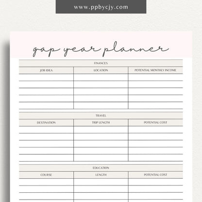 Gap Year Planner Printable Template – Digital download for organizing travel, setting goals, and tracking experiences during your gap year.