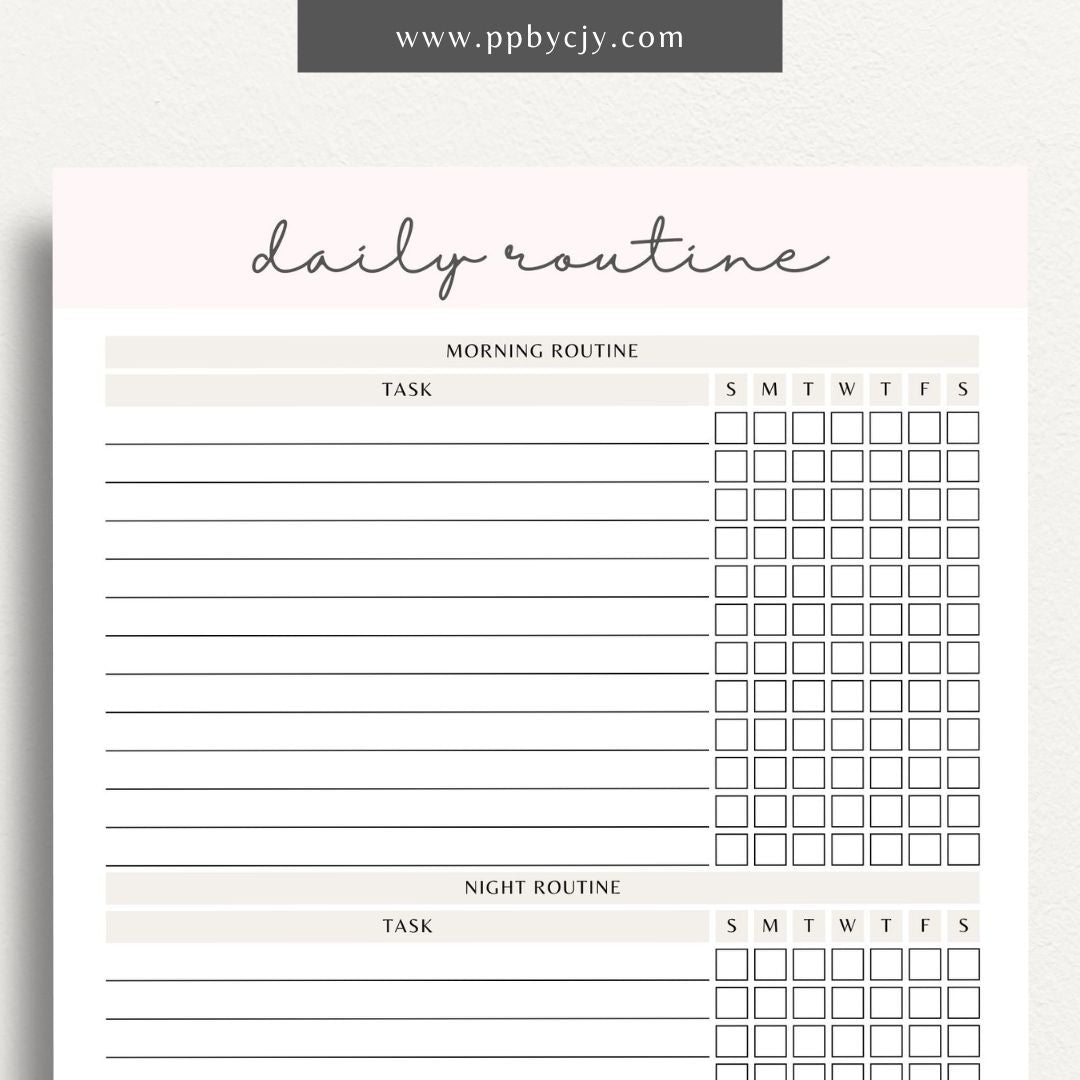 Daily Routine Printable Template – Digital download for planning and organizing daily schedules, tracking habits, and boosting productivity.