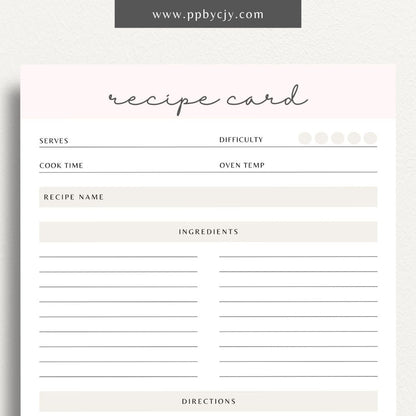 Recipe Card Printable Template – Digital download for organizing and documenting your favorite recipes and cooking instructions