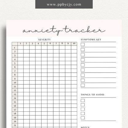  printable template page with columns and rows related to anxiety tracking