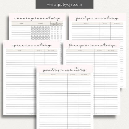 Kitchen Inventory Bundle Printable Template – Digital download featuring a collection of tools for organizing and managing your kitchen inventory, including pantry, refrigerator, and freezer.