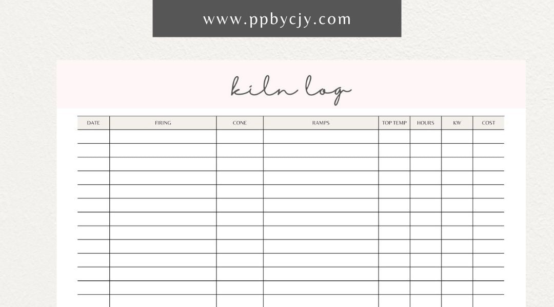 Kiln Log Printable Template – Digital download for tracking ceramic kiln operations, including firing schedules, temperatures, and kiln performance