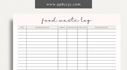 Restaurant Waste Log Printable Template – Digital download for tracking and managing waste in a restaurant, including types, quantities, and reasons for disposal