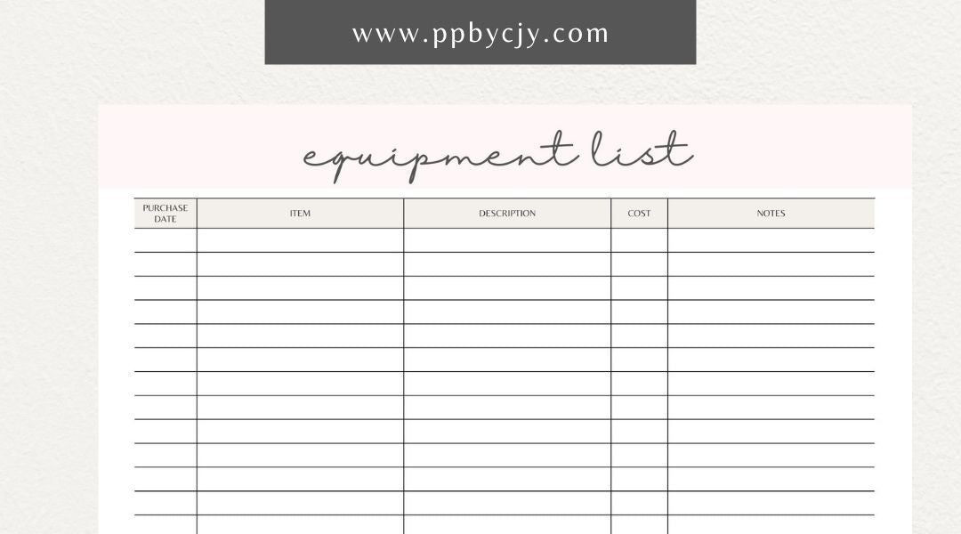 Equipment & Machine List Printable Template – Digital download for tracking and organizing machinery, maintenance schedules, and equipment inventory