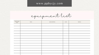 Equipment & Machine List Printable Template – Digital download for tracking and organizing machinery, maintenance schedules, and equipment inventory