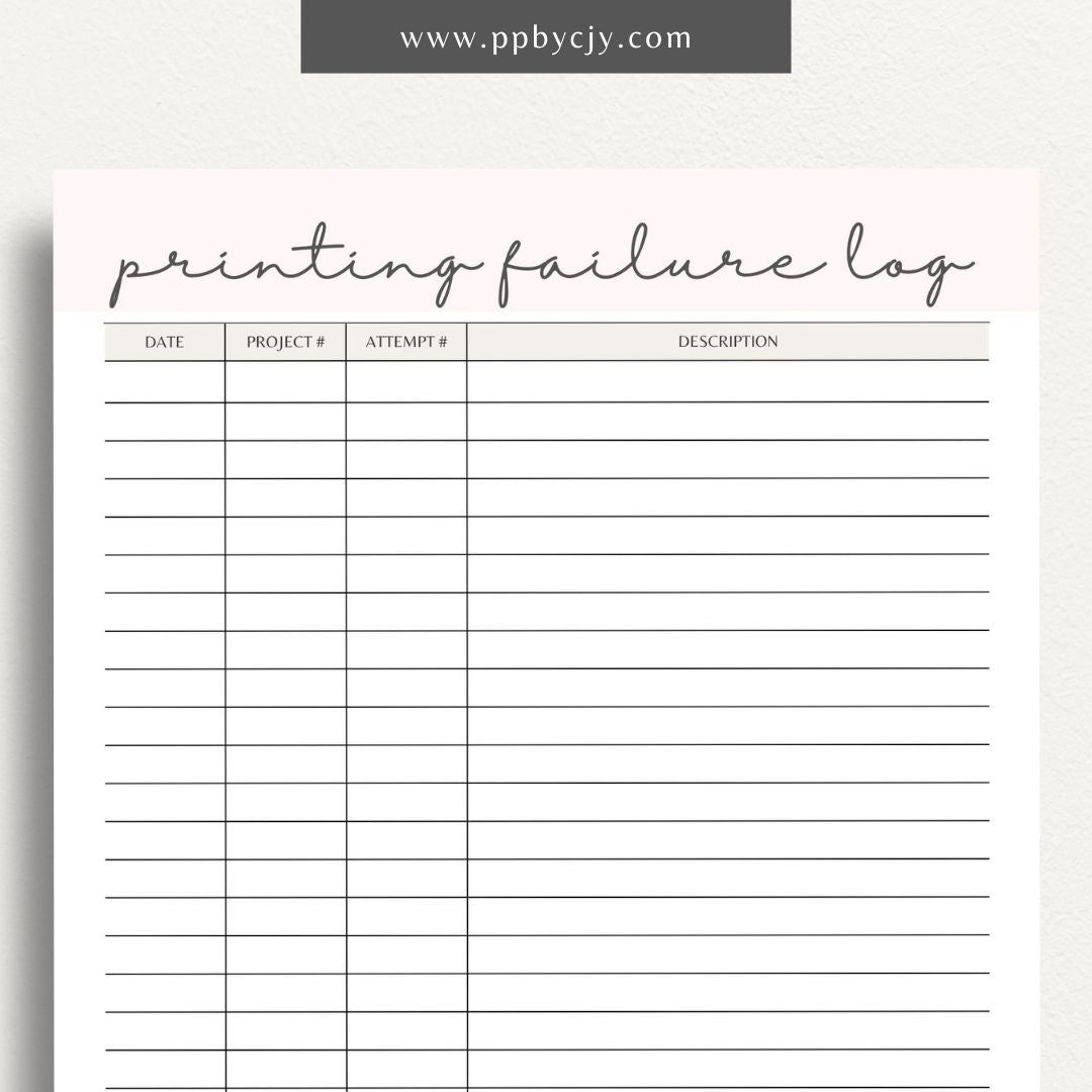 3D Printer Failure Log Printable Template – Digital download for documenting and tracking 3D printer errors, troubleshooting steps, and failure incidents