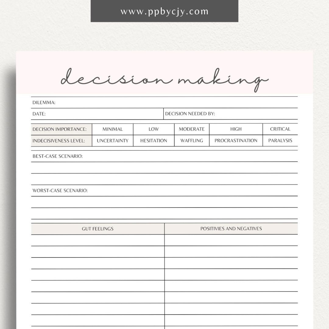 Decision-Making Sheet Printable Template – Digital download for evaluating options, listing pros and cons, and organizing thoughts for confident decision-making.