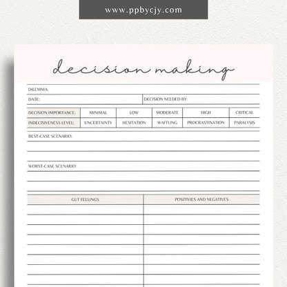 Decision-Making Sheet Printable Template – Digital download for evaluating options, listing pros and cons, and organizing thoughts for confident decision-making.