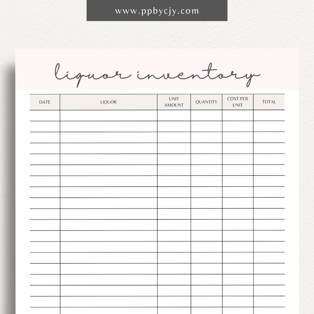 Liquor Inventory Printable Template – Digital download for organizing and managing your collection of liquor, including quantities, types, and locations.