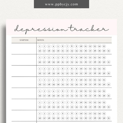 printable template page with columns and rows related to depression tracking