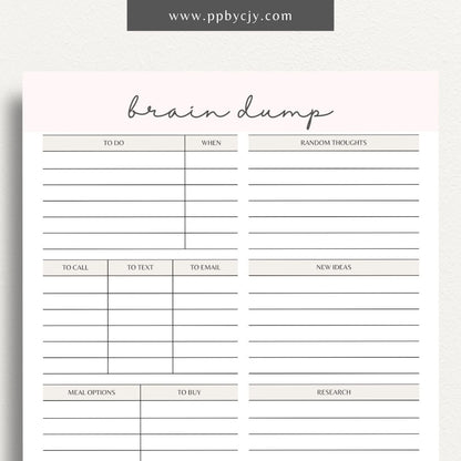 Brain Dump Worksheet Printable – Digital download for organizing thoughts, ideas, and tasks to achieve mental clarity.