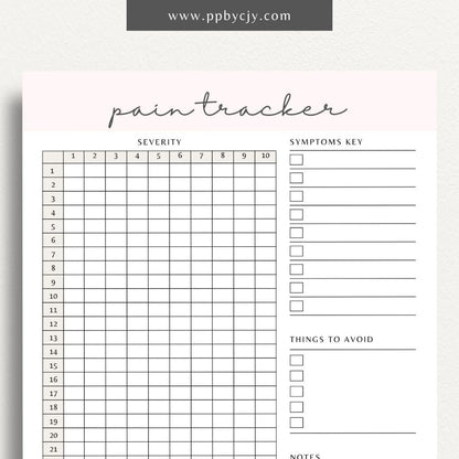 printable template page with columns and rows related to pain tracking