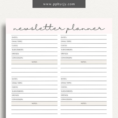 Newsletter Planner Printable Template – Digital download for organizing email campaigns, content scheduling, and newsletter planning