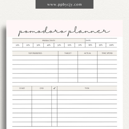 Pomodoro Planner Printable Template – Digital download for time management, productivity tracking, and focus improvement using the Pomodoro Technique.