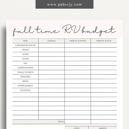 Full-Time RV Budget Printable Template – Digital download for planning and tracking expenses while living in an RV.