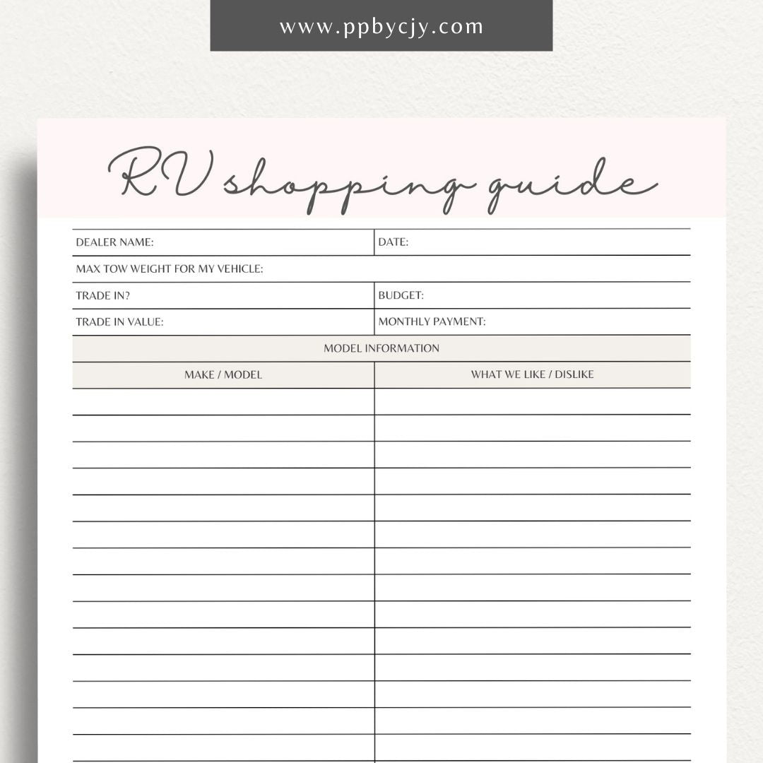 RV Shopping Guide Printable Template – Digital download for planning and organizing your RV purchase or upgrade, including features, checklists, and comparisons