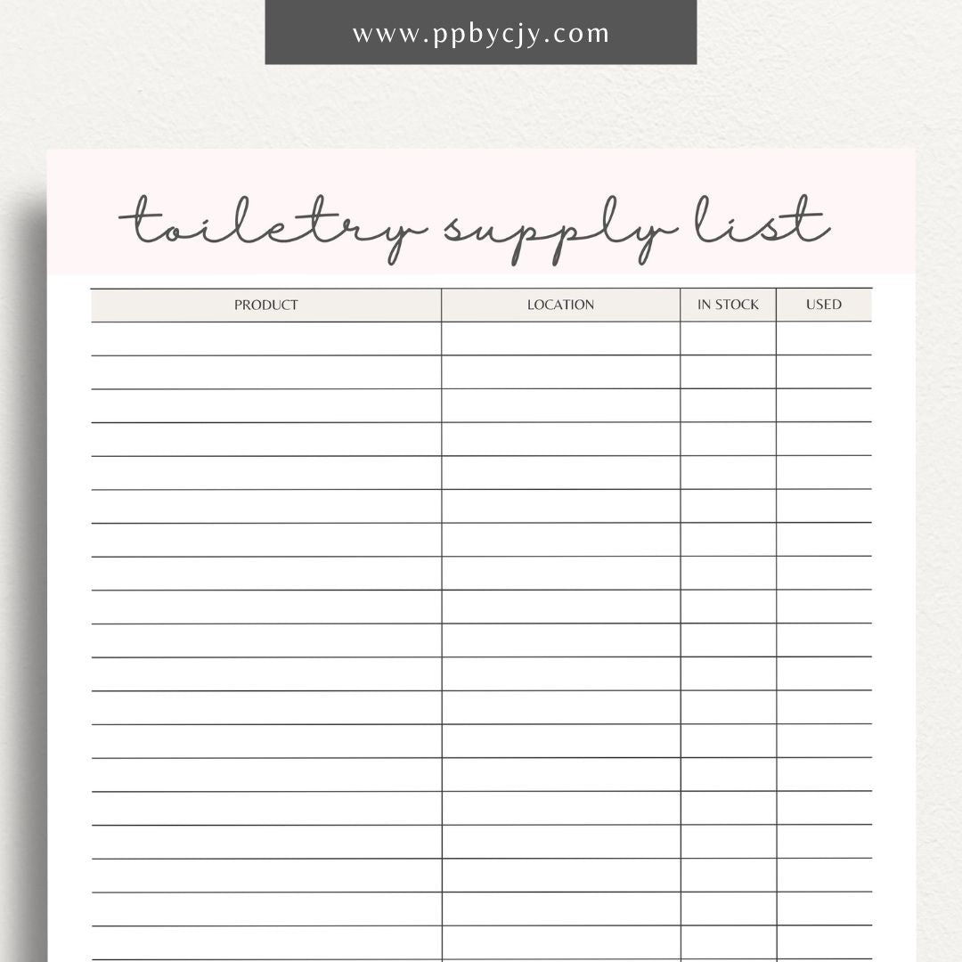 Toiletry Supply List Printable Template – Digital download for organizing and tracking bathroom essentials, personal care items, and travel packing