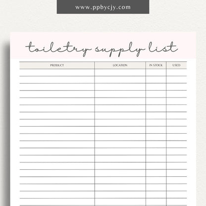 Toiletry Supply List Printable Template – Digital download for organizing and tracking bathroom essentials, personal care items, and travel packing