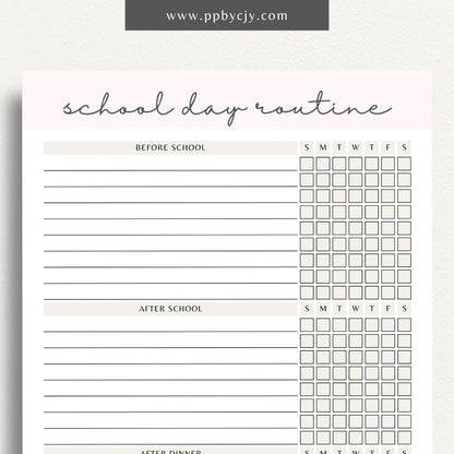 School Day Routine Tracker Printable Template – Digital download for managing school schedules, homework, and daily routines.