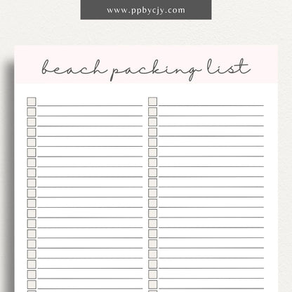 Beach Packing List Printable Template – Digital Download for Organizing and Packing for a Beach Trip