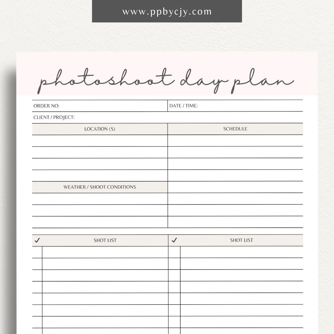 Photoshoot Day Plan Printable Template – Digital download for organizing and planning photography sessions, shoot day schedules, and equipment lists