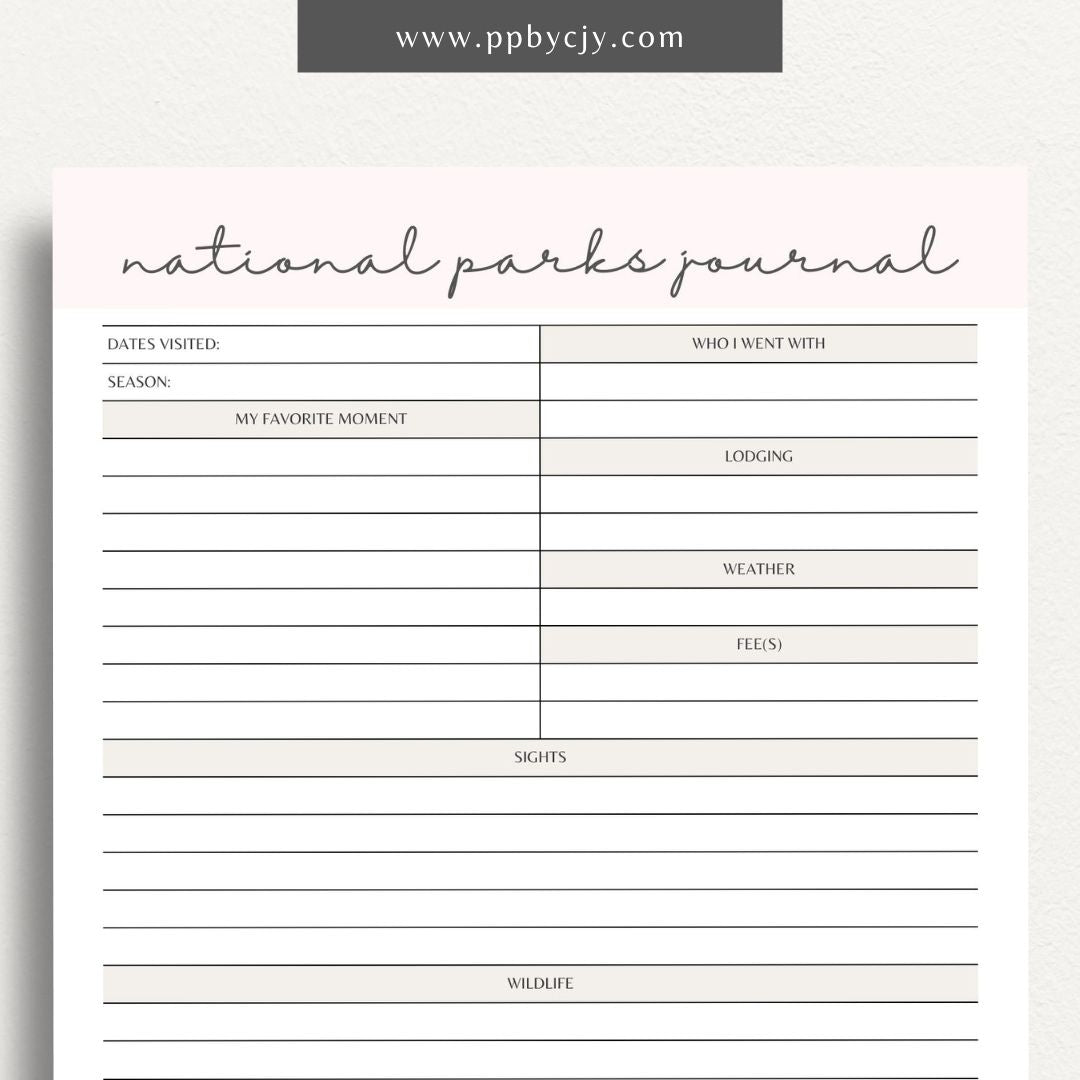 National Park Journal Printable Template – Digital download for tracking national park visits, hikes, wildlife, and more.