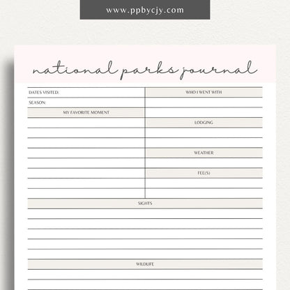 National Park Journal Printable Template – Digital download for tracking national park visits, hikes, wildlife, and more.