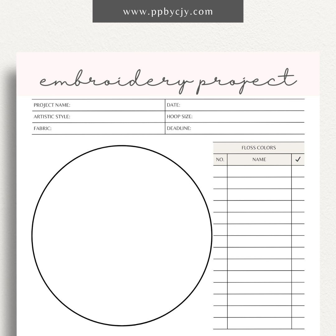 Embroidery Project Plan Printable Template – Digital download for organizing and planning embroidery projects with sections for design, materials, and progress tracking