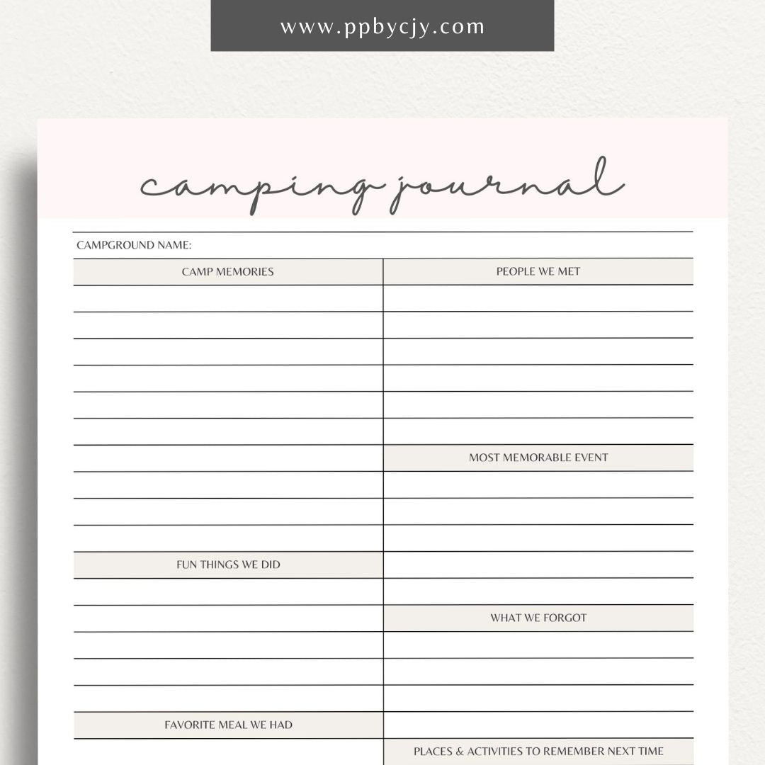 Camping Journal Printable Template – Digital Download for Recording and Reflecting on Camping Experiences and Adventures