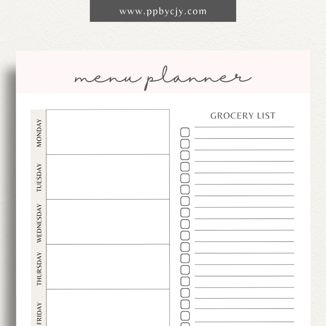 Weekly Meal Planner Printable Template – Digital download for organizing and planning meals for the week, including meal ideas, ingredients, and grocery lists