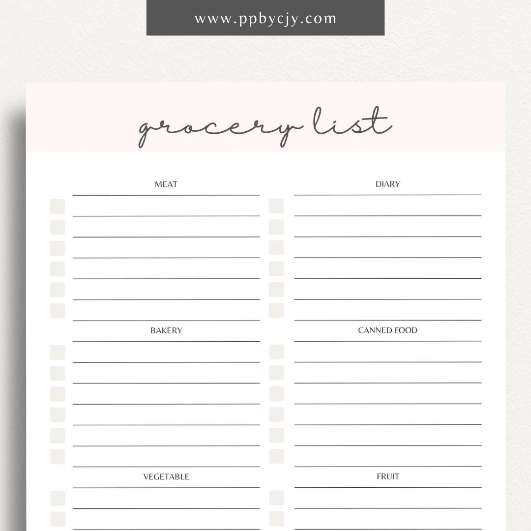 Food Grocery List Printable Template – Digital download for organizing and planning your grocery shopping.