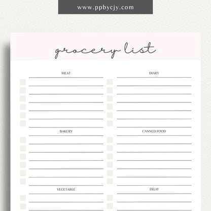 Food Grocery List Printable Template – Digital download for organizing and planning your grocery shopping.