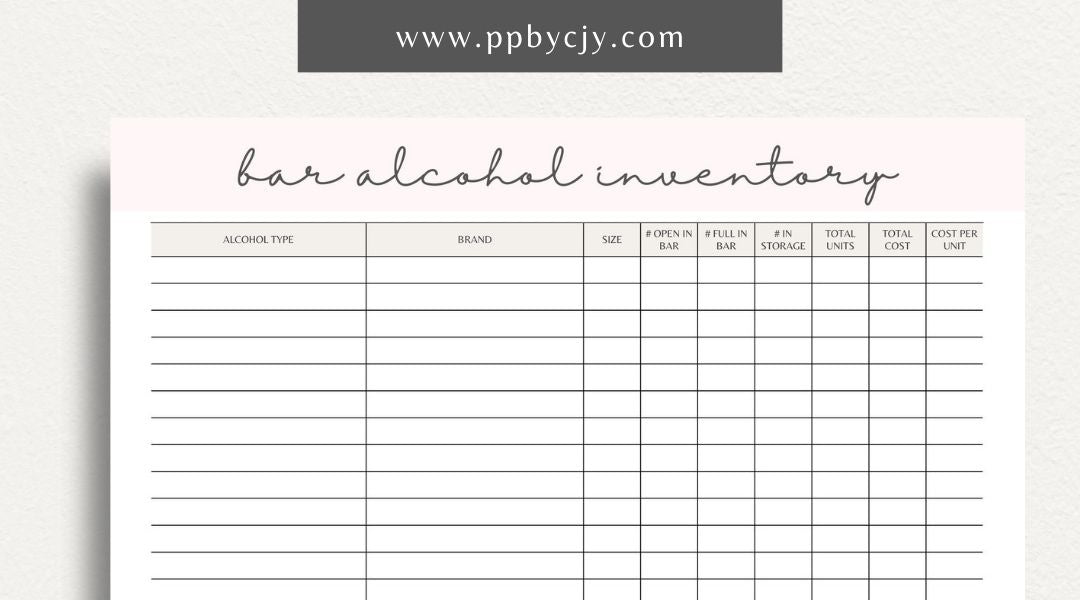 Alcohol Inventory Printable Template – Digital Download for Tracking and Managing Alcohol Stock