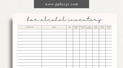 Alcohol Inventory Printable Template – Digital Download for Tracking and Managing Alcohol Stock