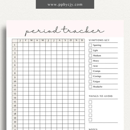 printable template page with columns and rows related to period tracking