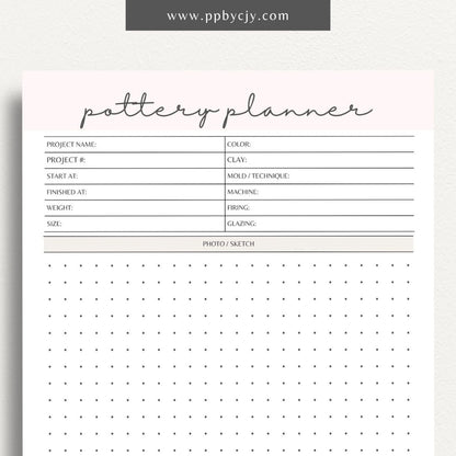 Pottery Planner Printable Template – Digital download for organizing ceramic projects, including design planning, material tracking, and firing schedules