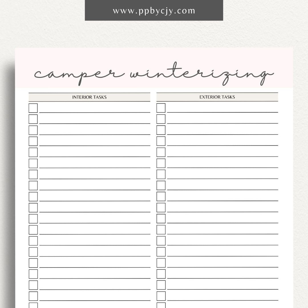 Camper Winterizing Sheet Printable Template – Digital Download for Organizing and Tracking Winterizing Tasks for Campers